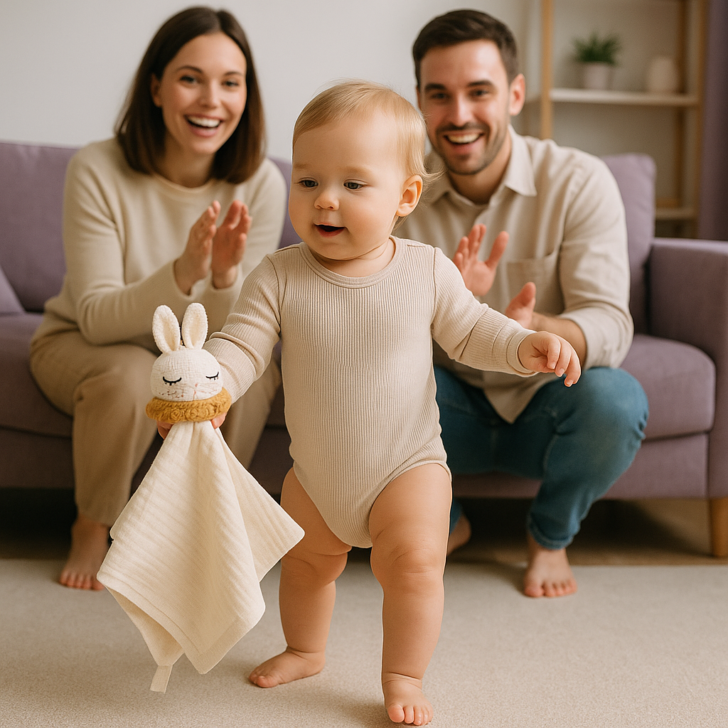 parents regardent bebe premier pas tenant doudou lapin crochet mousseline coton