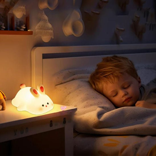 petit garcon dort veilleuse bebe petit lapin lapinou depose tacle chevet