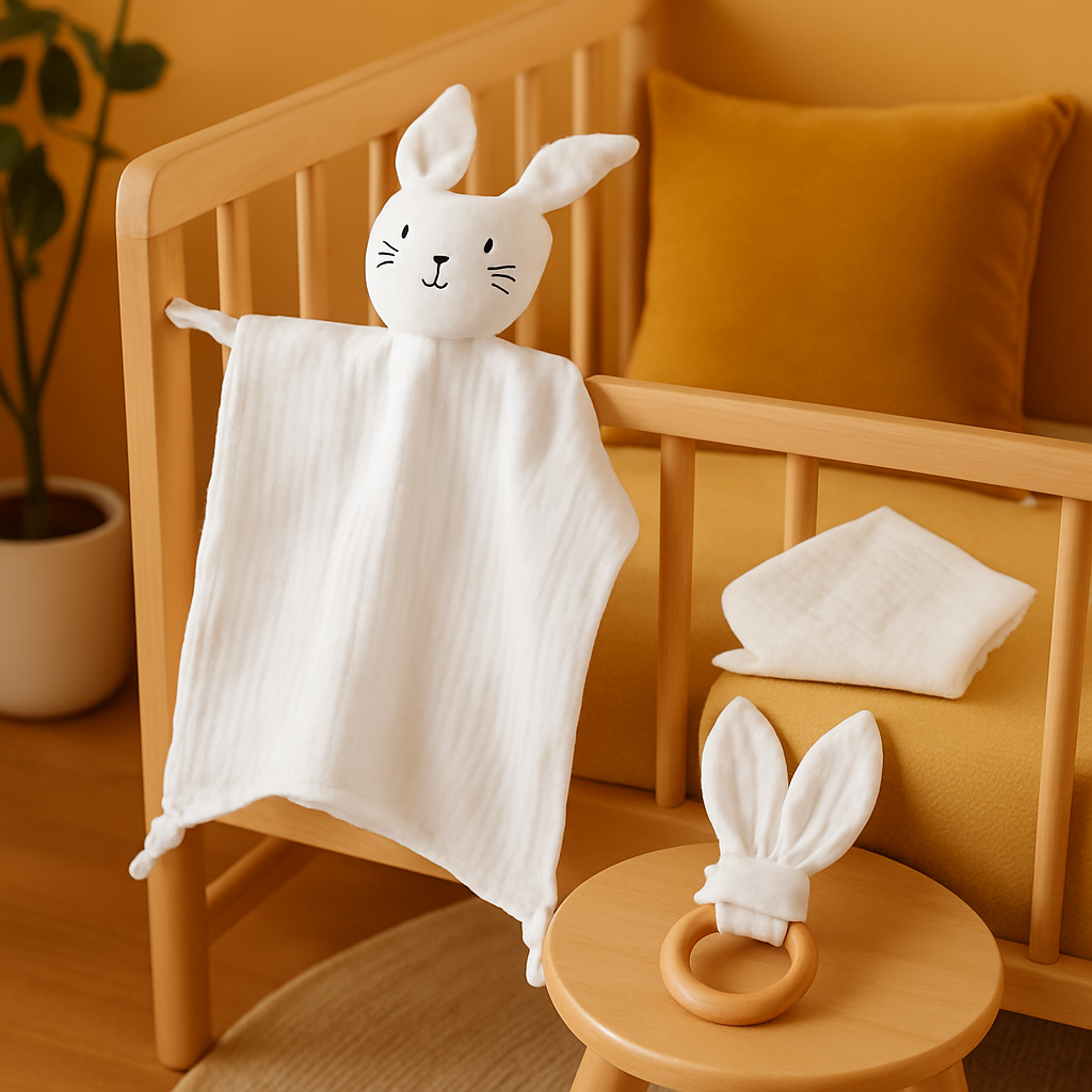presentoir doudou bebe coton mousseline blanc chat