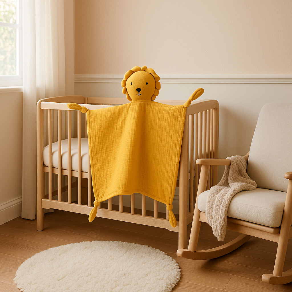 presentoir doudou bebe mousseline lion