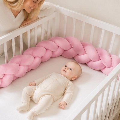 Tresse de lit rose berceau maman bebe sourient