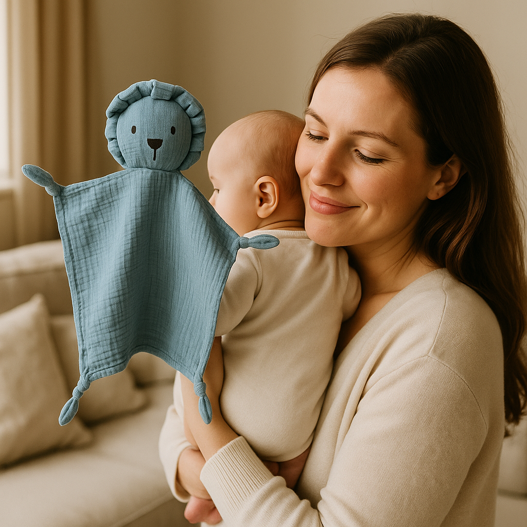 Maman tient bebe doudou bebe mousseline coton lion