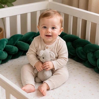 Tresse de lit vert bebe souriant assis berceau