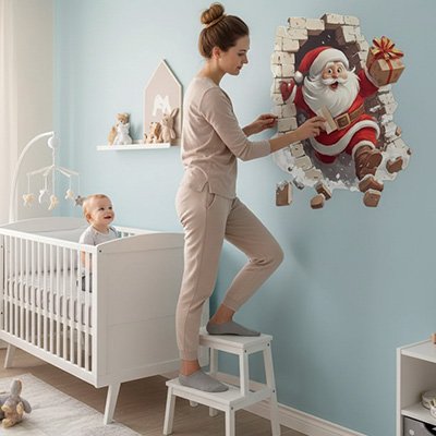 bebe berceau regarde maman intalle Stickers muraux pere noel