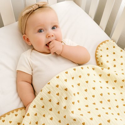Bébé petite fille eveillee profite chaleur couverture bébé motifs petits coeurs