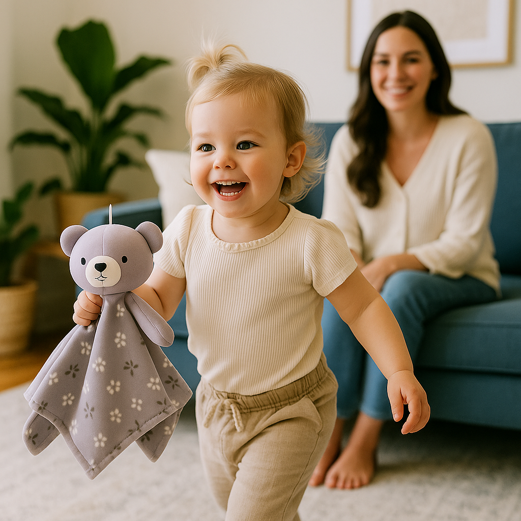 bebe court avec doudou bebe ourson maman assise divan heureuse