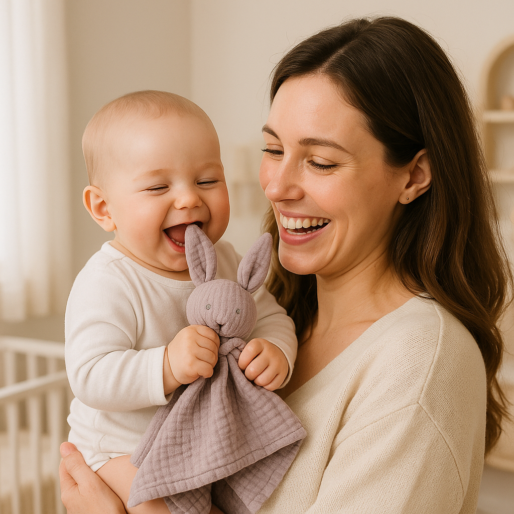 bebe dans bras maman heureuse mange oreille doudou lapin mousseline coton