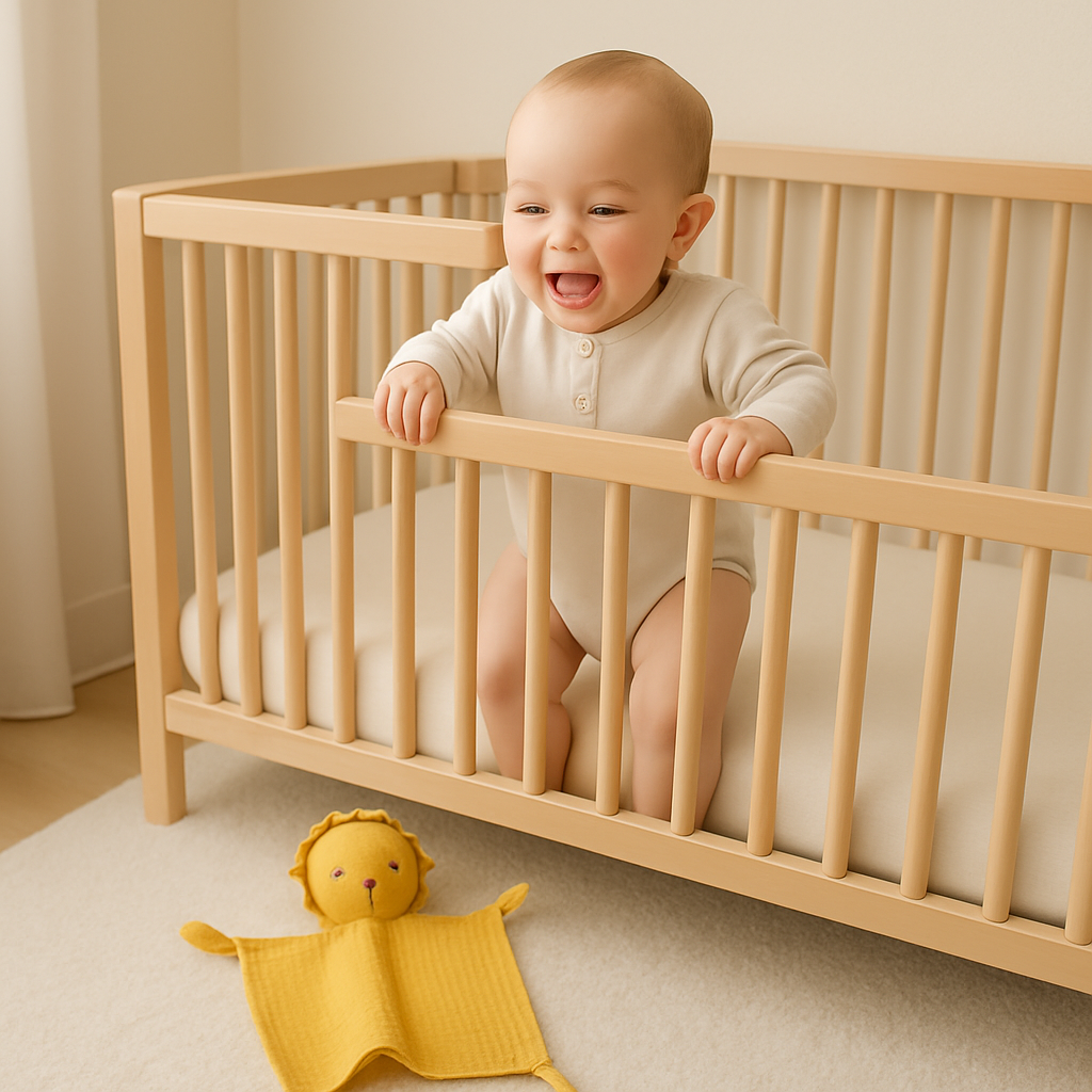 bebe debout berceau regarde doudou bebe mousseline lion