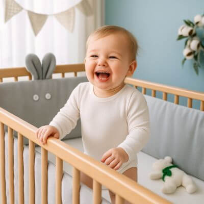 bebe debout berceau tour de lit bebe face de lapin gris