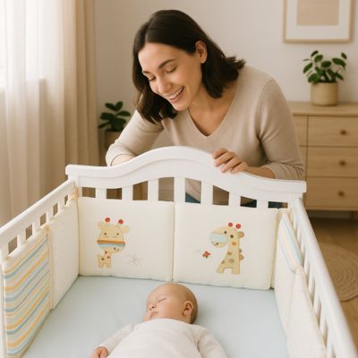 bebe dort berceau maman admire berceau tour de lit girafe