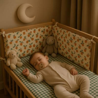 bebe endormi paisiblement berceau tour de lit monobloc oranges feuilles