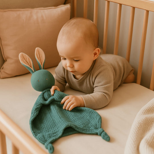 bebe entrain jouer berceau doudou bebe petit coeur brode