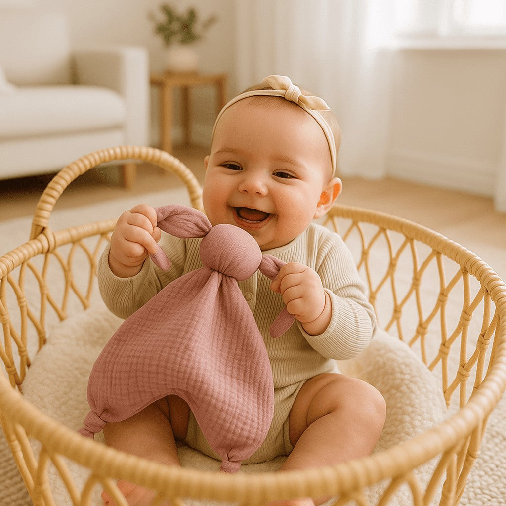bebe fille joue doudou bebe mousseline coton violet