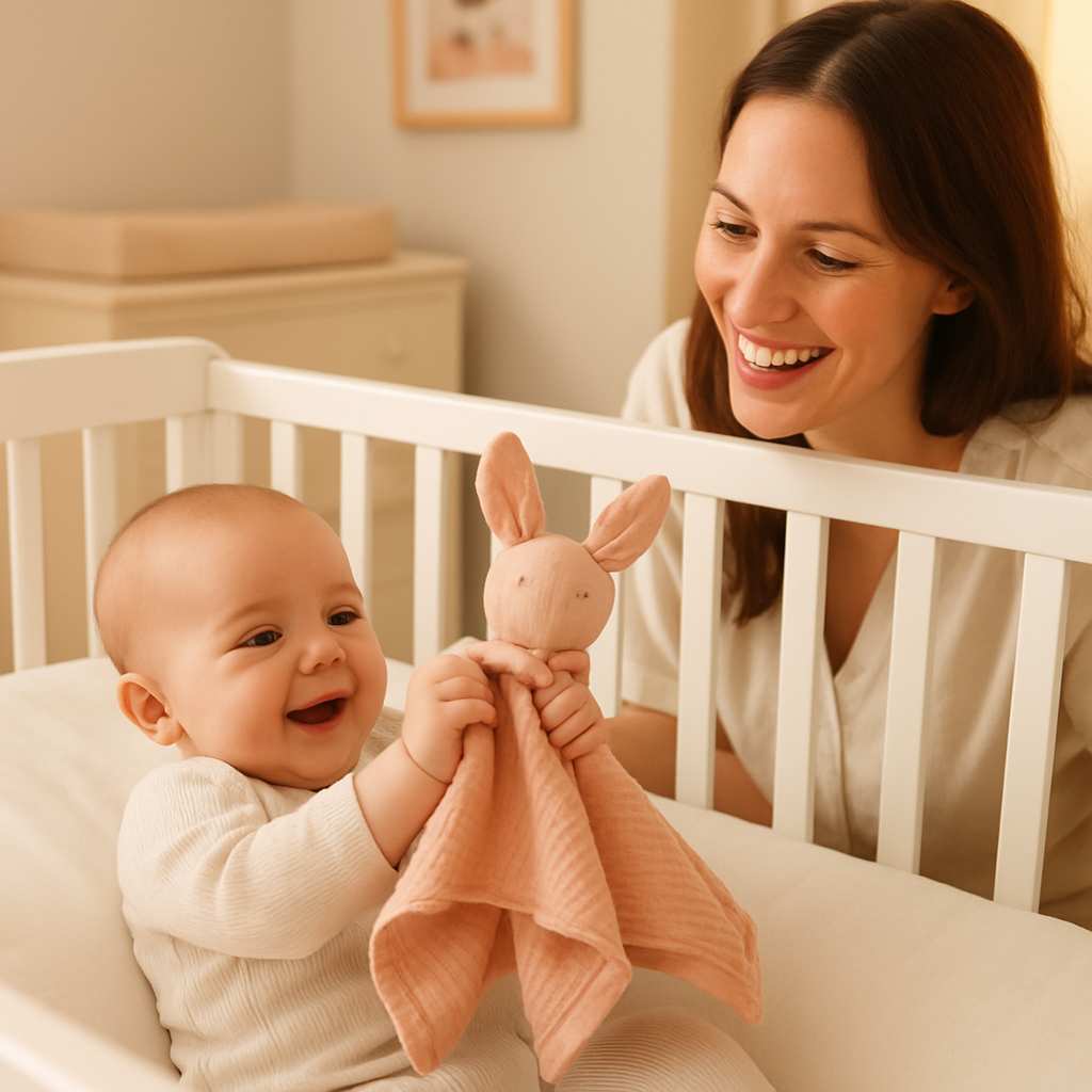 bebe joue avec doudou lapin mousseline coton berceau