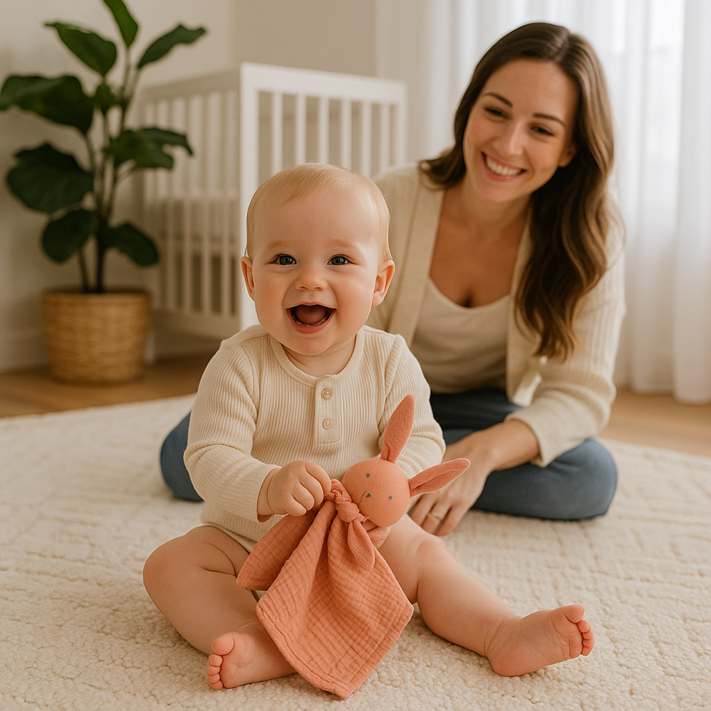 bebe maman assis sol bebe heureux doudou lapin mousseline coton