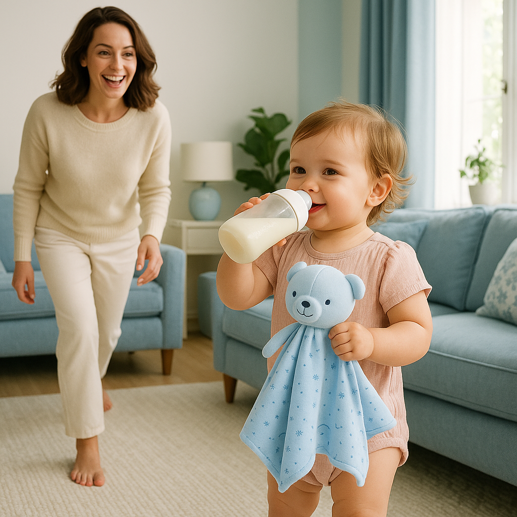 bebe tient doudou bebe ourson boit biberon maman accourt riant