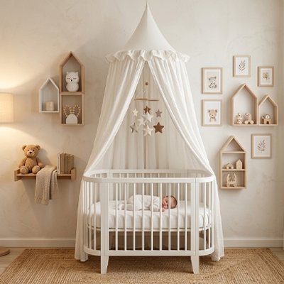 Ciel de lit blanc installé berceau