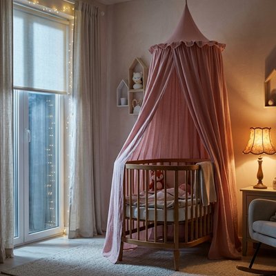 Ciel de lit rose chambre bébé berceau jour