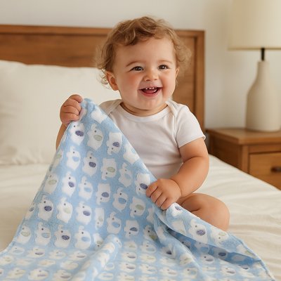 Couverture bebe bleu petite fille rit