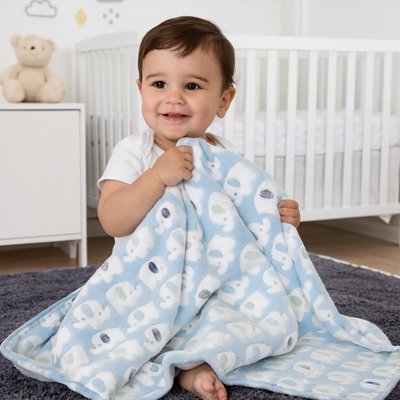 Couverture bebe petit garçon assis souriant couverturebebe bleu