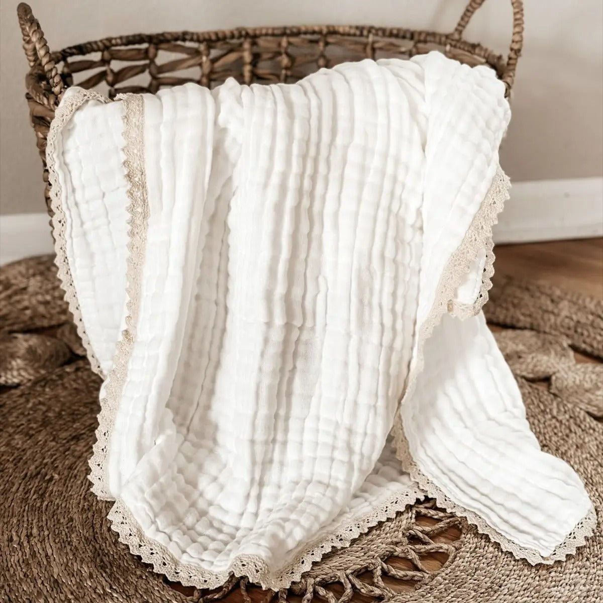 couverture bebe coton bambou mousseline blanc presentoir