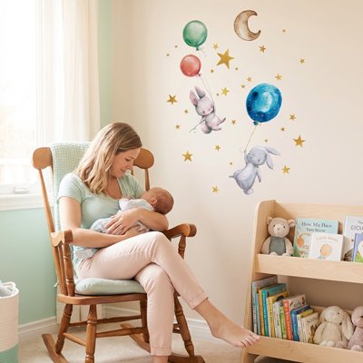 maman assise chaise allaite bebe Stickers muraux chambre motif lapin