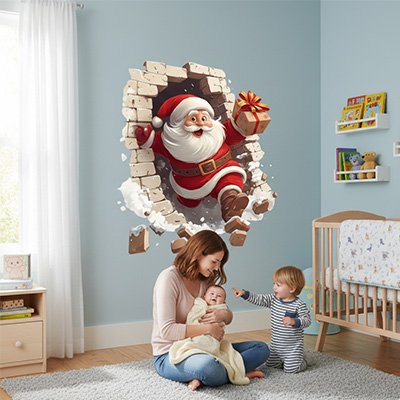 maman assise tient bebe petit frere chambre decoree Stickers muraux pere noel