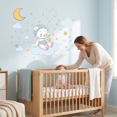 maman caresse tete bebe berceau Stickers muraux chambre motif ourson