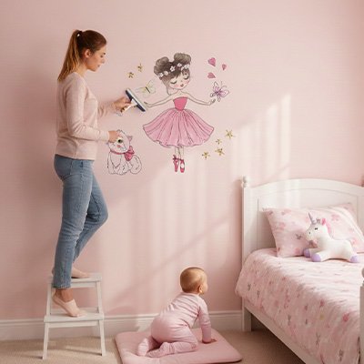 maman debout support installe Stickers muraux princesse rose bebe quatre pattes