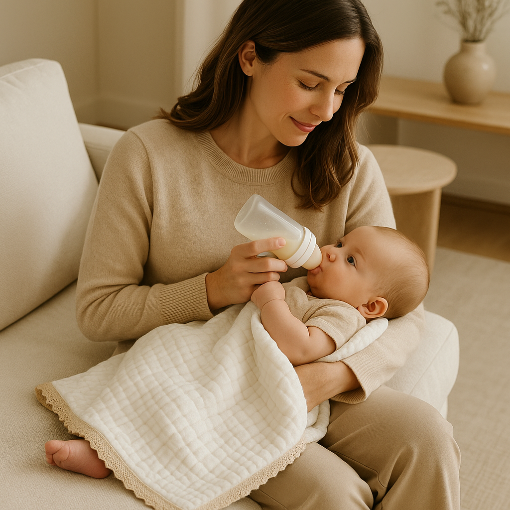 maman assise biberon bebe couverture bebe coton mousseline bambou