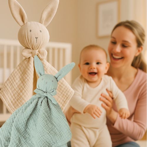maman bebe contents regarde doudou lapin mousseline coton.