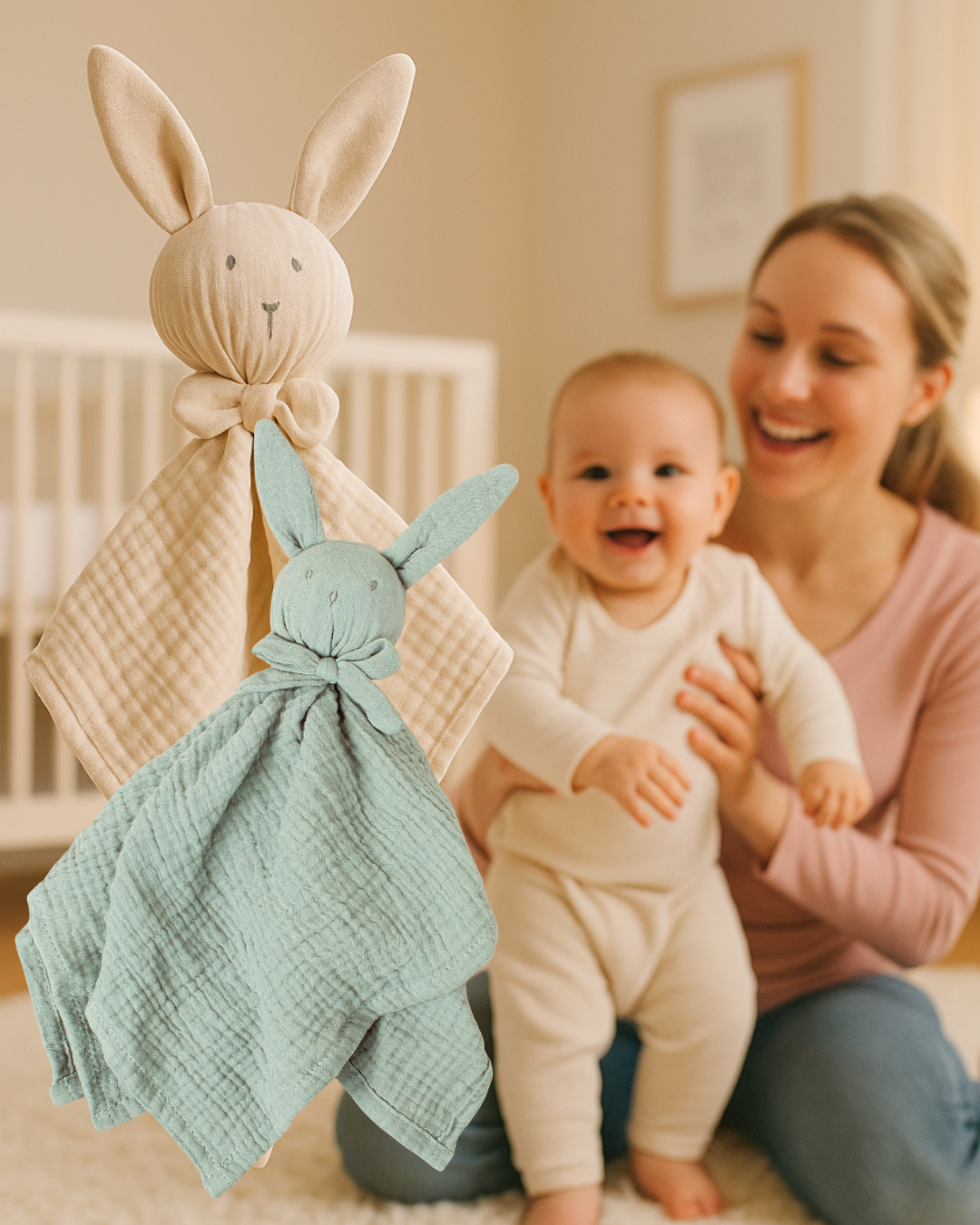 maman bebe contents regarde doudou lapin mousseline coton