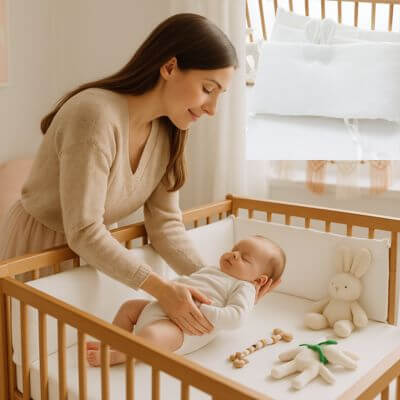 maman couche bebe berceau tour de lit bebe face de lapin blanc