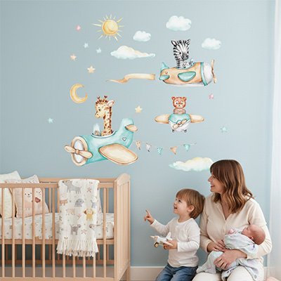 petit garcon content  maman regarde Stickers muraux chambre  motif avion