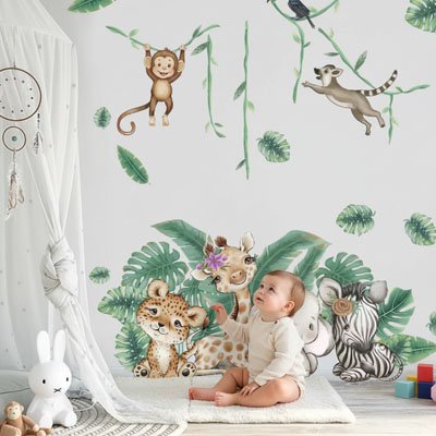 Stickers muraux chambre bebe style savane couleur bleu blanc