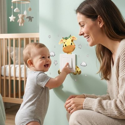Stickers muraux enfant girafe maman bebe contemple deco