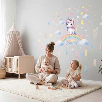 Stickers muraux enfant maman bebes jouent chambre decor licorne