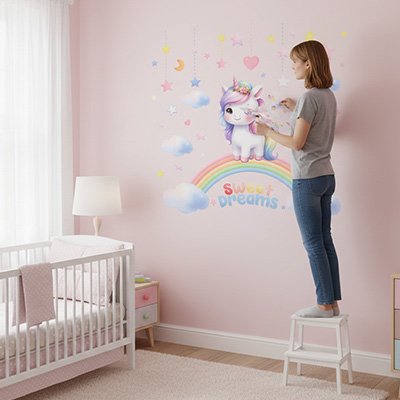 Stickers muraux enfant maman debout tabouret installe decoration licorne