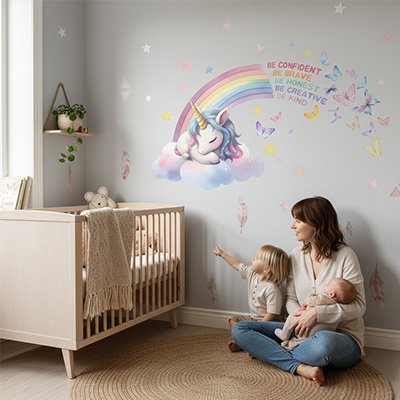 Stickers muraux enfant maman enfants profitent chambre decoree  licorne