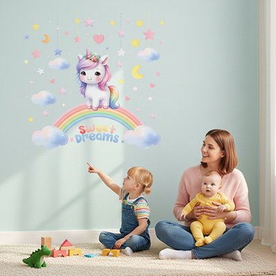 Stickers muraux enfant petite fille montre doigt licorne mur 