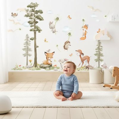 Stickers muraux mur chambre bebe style forêt couleur beige