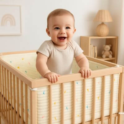 tour de lit bebe heureux debout berceau dino colore