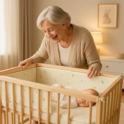 tour de lit grand mere admire petit fils dort berceau dino colore