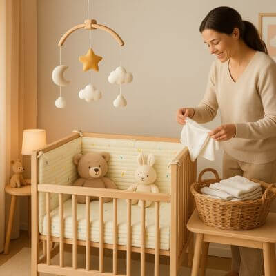 tour de lit maman plie linges chambre bebe dino colore