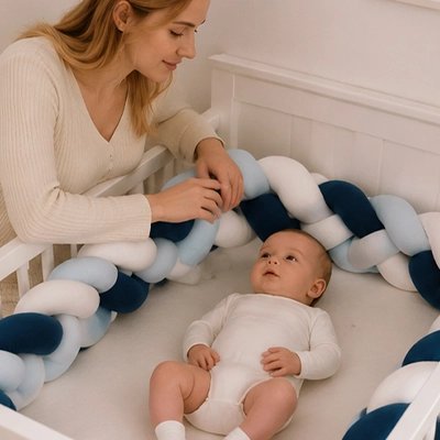 Tresse de lit multicolore  maman admire bebe berceauleu blanc bleu ciel