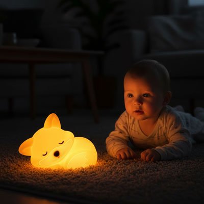 Veilleuse bebe renard bebe couche ventre regarde
